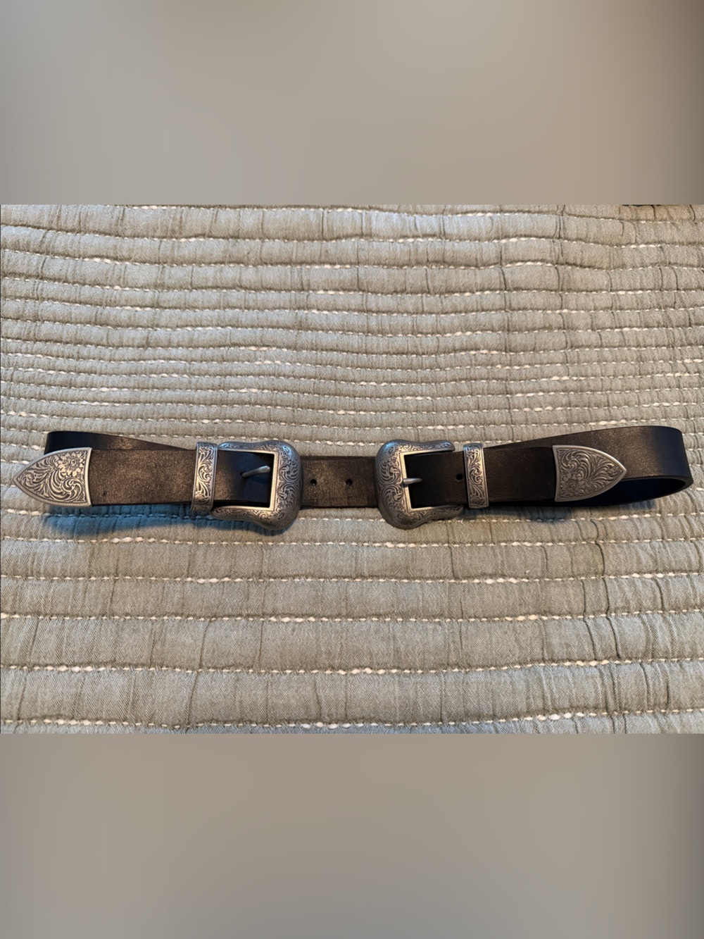 Vintage Double Buckle Black Leather Belt with Engraved Silver Hardware